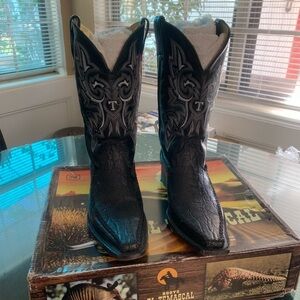 El Tamascal Black Leather Embroidered Cowboy Boots